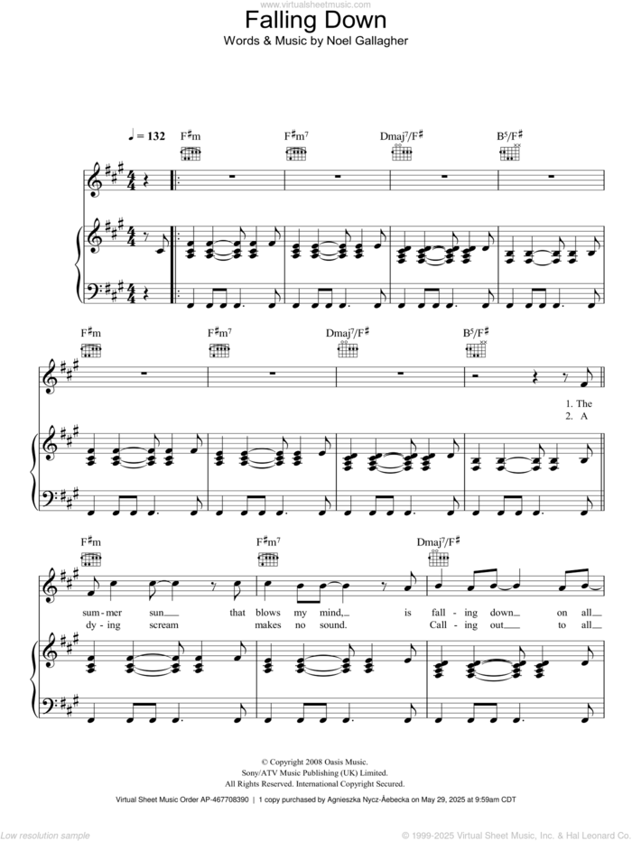 Falling Down sheet music for voice, piano or guitar by Oasis and Noel Gallagher, intermediate skill level