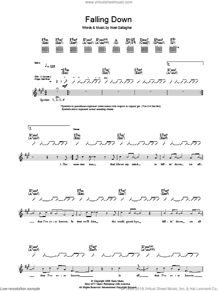 Falling Down sheet music for guitar (tablature) by Oasis and Noel Gallagher, intermediate skill level