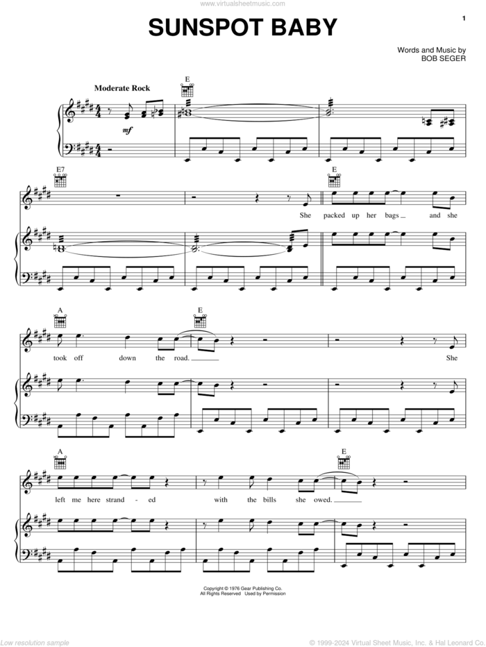 Sunspot Baby sheet music for voice, piano or guitar by Bob Seger, intermediate skill level