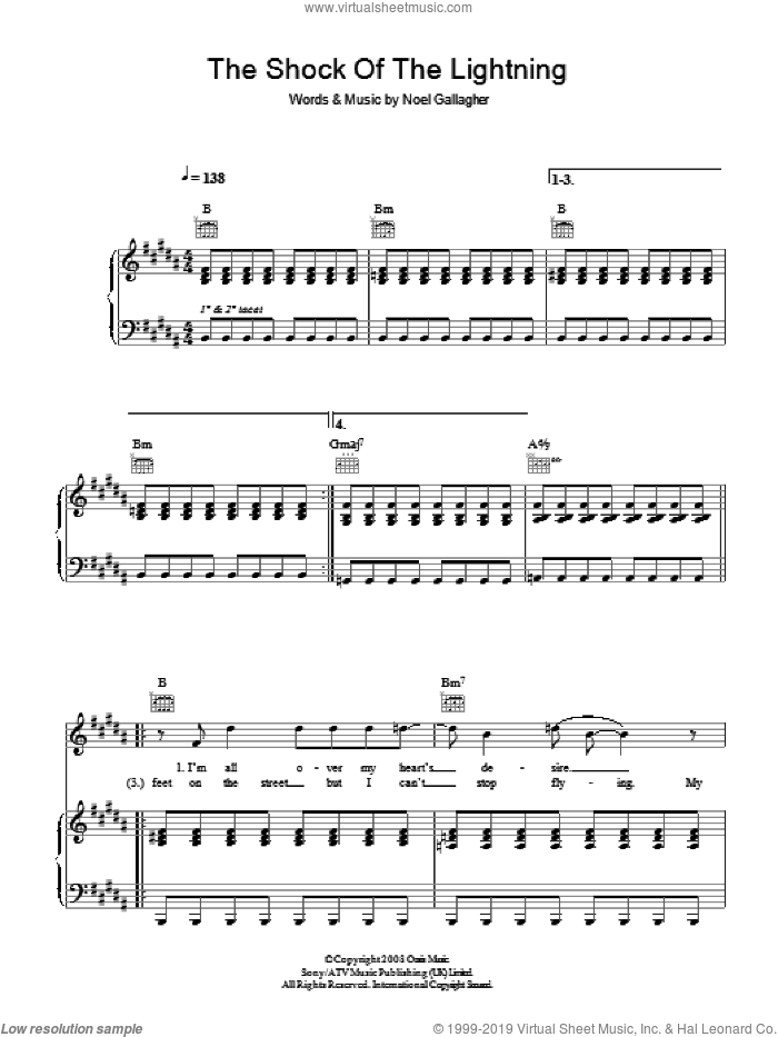 The Shock Of The Lightning sheet music for voice, piano or guitar by Oasis and Noel Gallagher, intermediate skill level