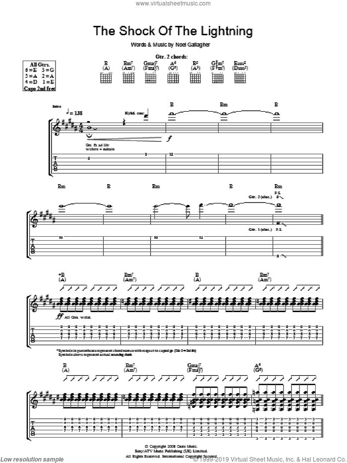 The Shock Of The Lightning sheet music for guitar (tablature) by Oasis and Noel Gallagher, intermediate skill level