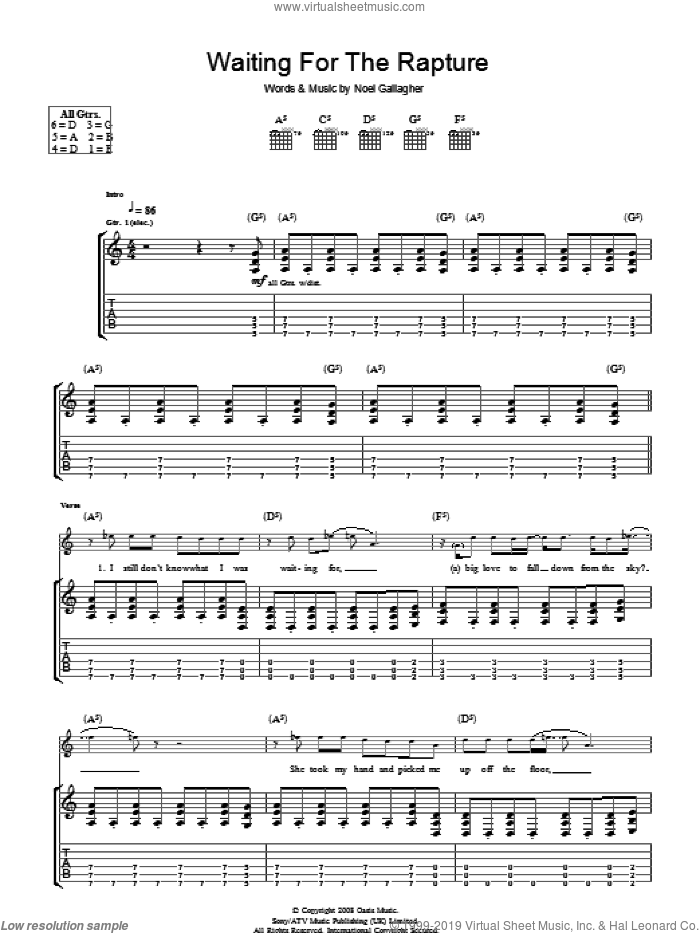 Waiting For The Rapture sheet music for guitar (tablature) by Oasis and Noel Gallagher, intermediate skill level