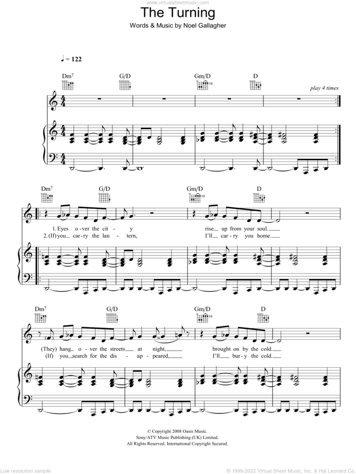 The Turning sheet music for voice, piano or guitar by Oasis and Noel Gallagher, intermediate skill level