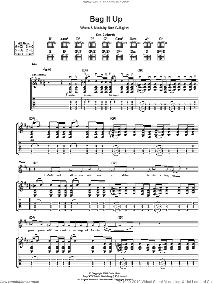 Bag It Up sheet music for guitar (tablature) by Oasis and Noel Gallagher, intermediate skill level