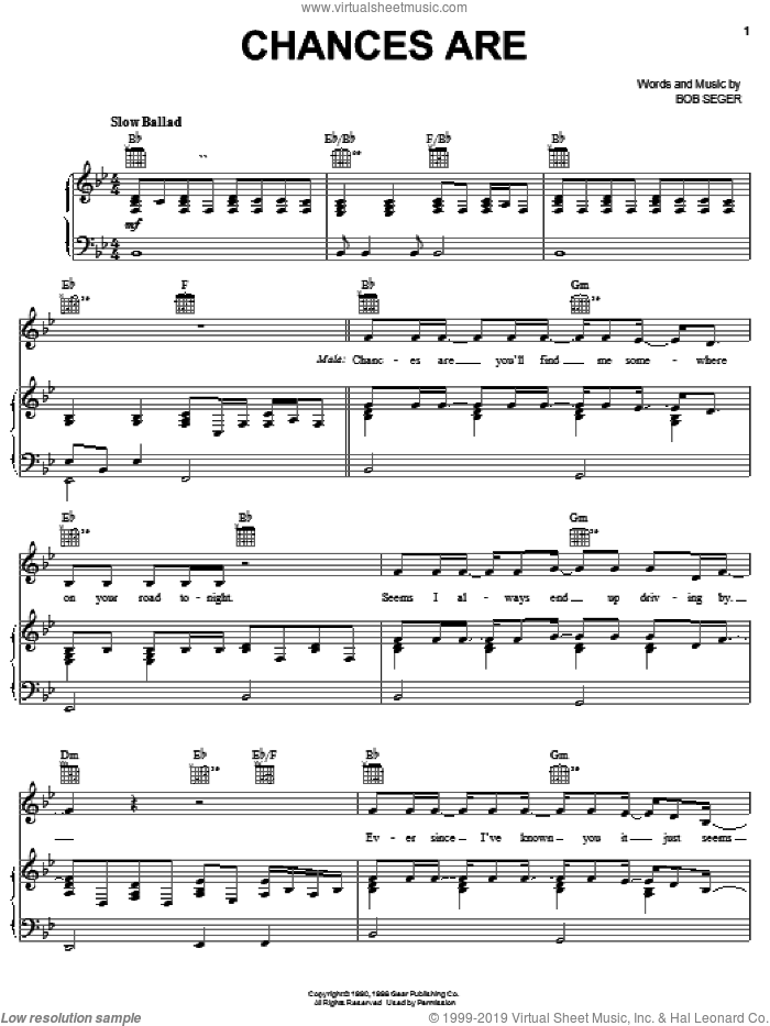 Chances Are sheet music for voice, piano or guitar by Bob Seger, intermediate skill level