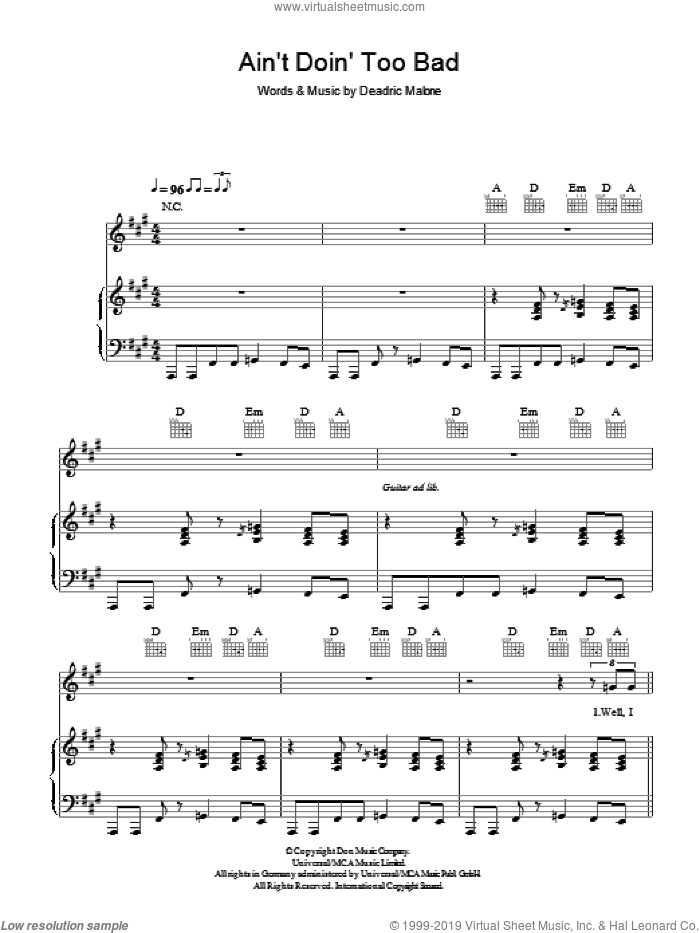Ain't Doin' Too Bad sheet music for voice, piano or guitar by Eva Cassidy and Deadric Malone, intermediate skill level