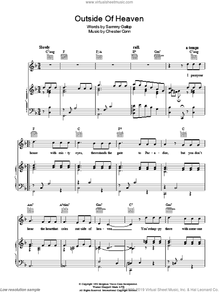 Outside Of Heaven sheet music for voice, piano or guitar by Eddie Fisher, Chester Conn and Sammy Gallop, intermediate skill level