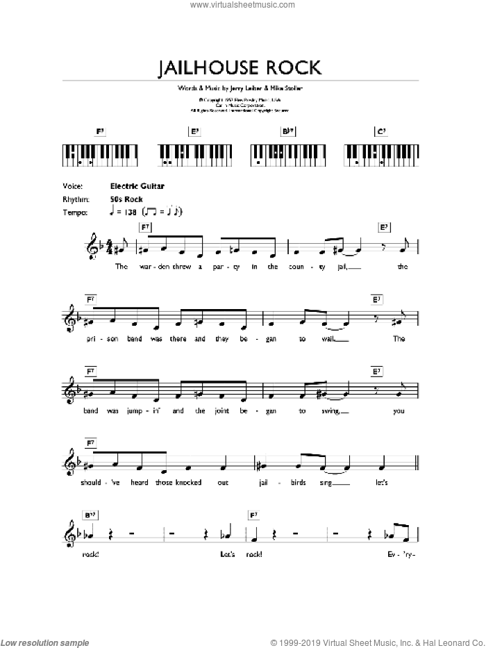 Jailhouse Rock sheet music for piano solo (chords, lyrics, melody) by Elvis Presley, Leiber & Stoller, Jerry Leiber and Mike Stoller, intermediate piano (chords, lyrics, melody)