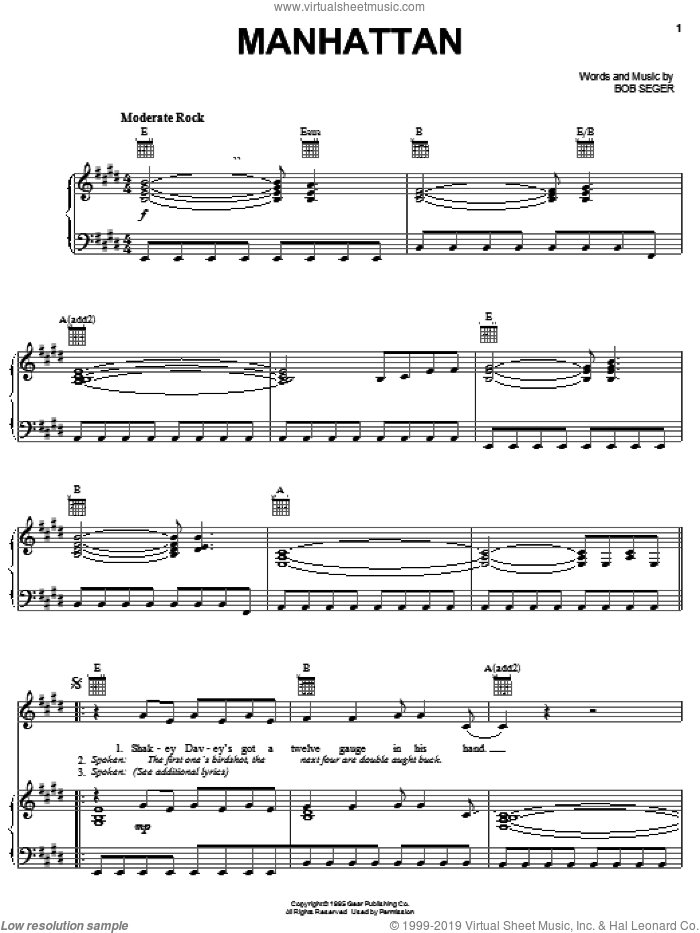 Manhattan sheet music for voice, piano or guitar by Bob Seger, intermediate skill level