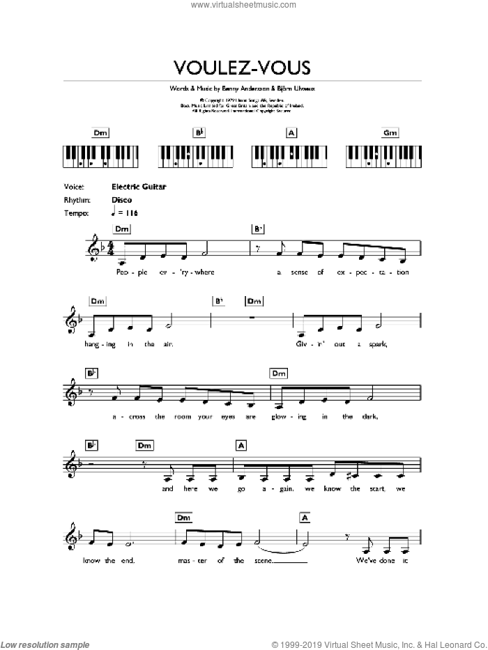 Voulez Vous sheet music for piano solo (chords, lyrics, melody) by ABBA and Benny Andersson, intermediate piano (chords, lyrics, melody)