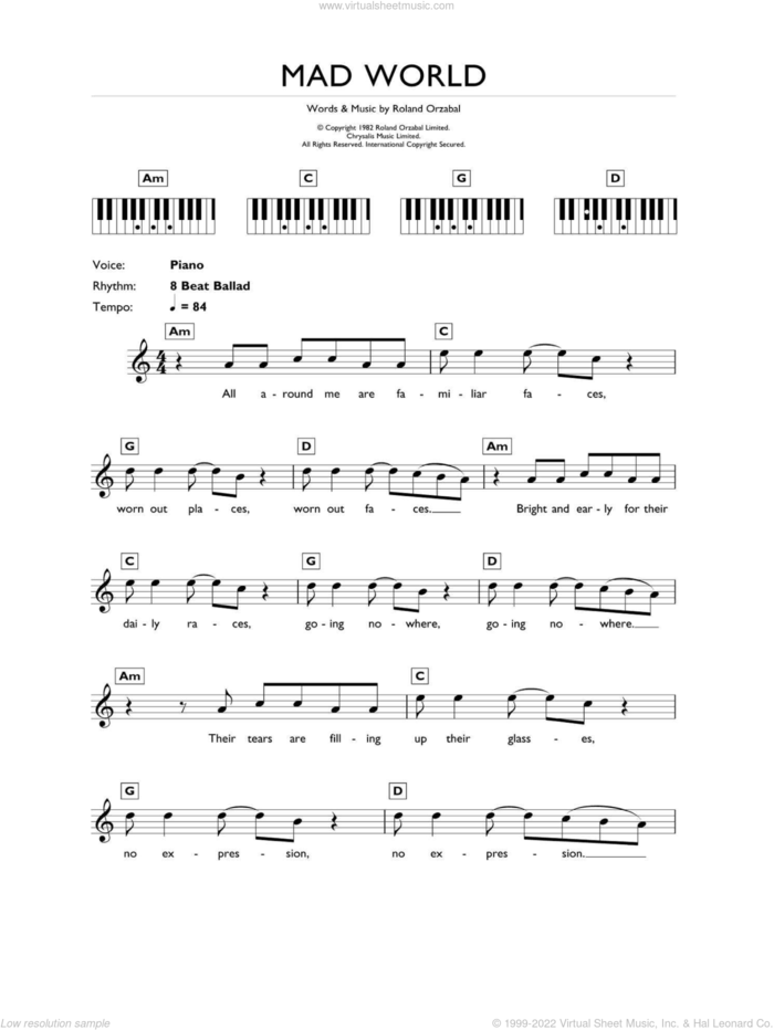 Mad World, (intermediate) sheet music for piano solo (chords, lyrics, melody) by Gary Jules and Roland Orzabal, intermediate piano (chords, lyrics, melody)