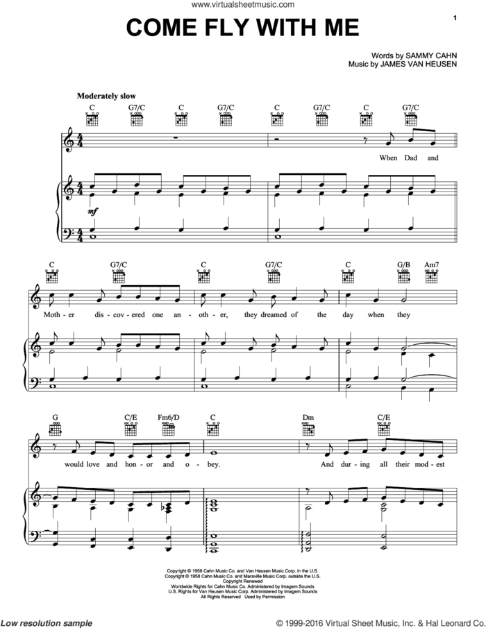 Come Fly With Me sheet music for voice, piano or guitar by Frank Sinatra, Michael Buble, Jimmy van Heusen and Sammy Cahn, intermediate skill level