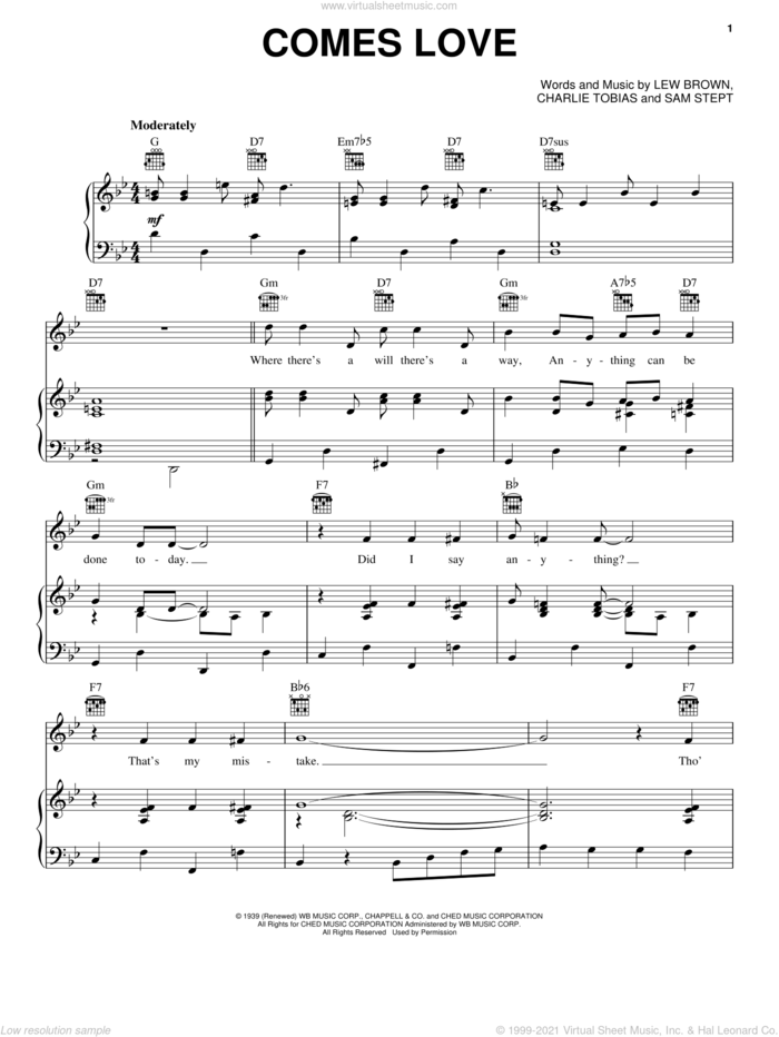 Comes Love sheet music for voice, piano or guitar by Lew Brown, Charles Tobias and Sam H. Stept, intermediate skill level