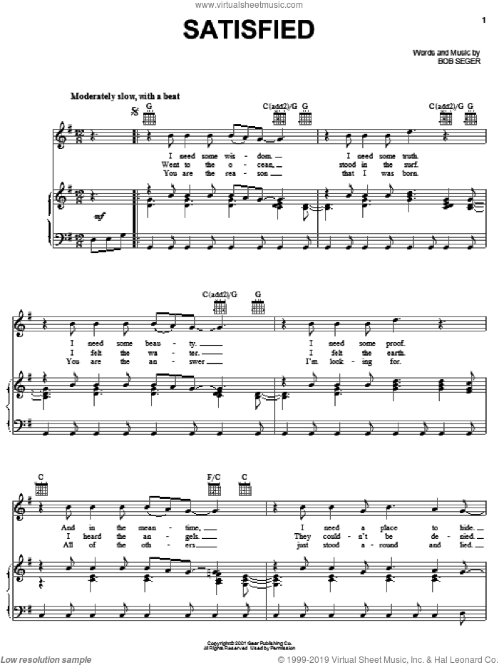 Satisfied sheet music for voice, piano or guitar by Bob Seger, intermediate skill level