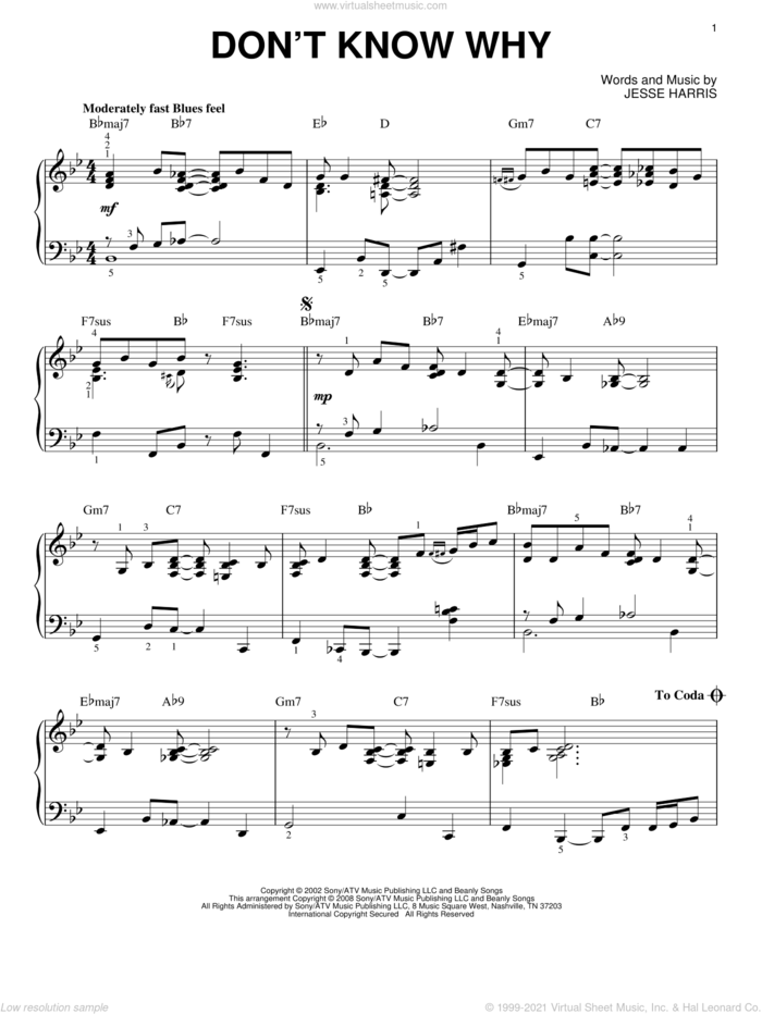 Don't Know Why [Jazz version] (arr. Brent Edstrom) sheet music for piano solo by Norah Jones and Jesse Harris, intermediate skill level