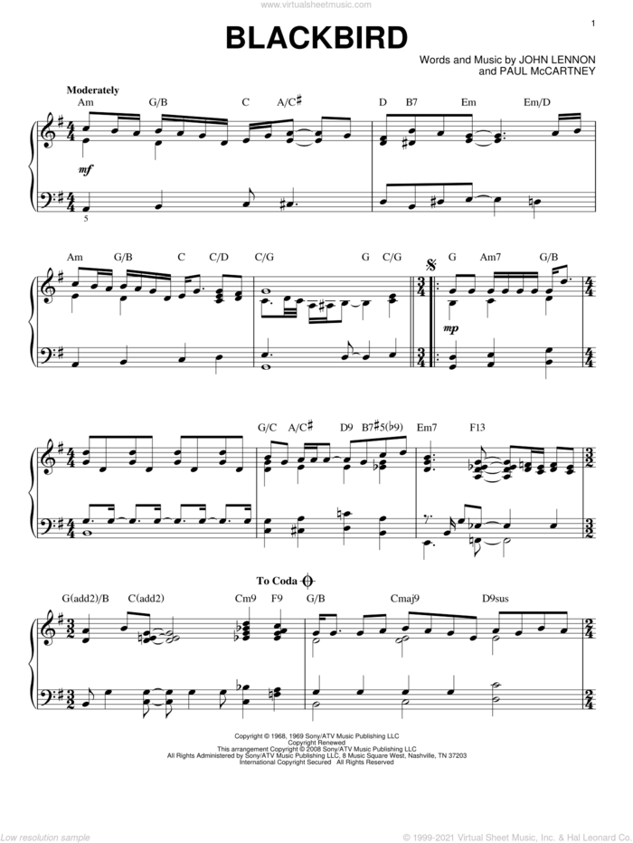 Blackbird [Jazz version] (arr. Brent Edstrom) sheet music for piano solo by The Beatles, John Lennon and Paul McCartney, intermediate skill level