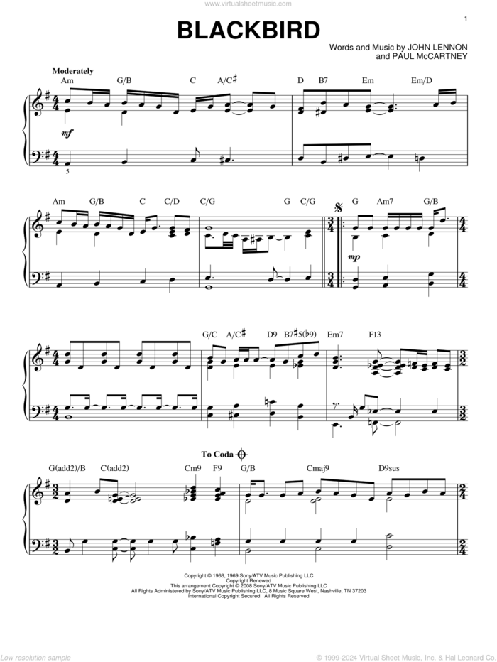 Blackbird [Jazz version] (arr. Brent Edstrom) sheet music for piano solo by The Beatles, John Lennon and Paul McCartney, intermediate skill level