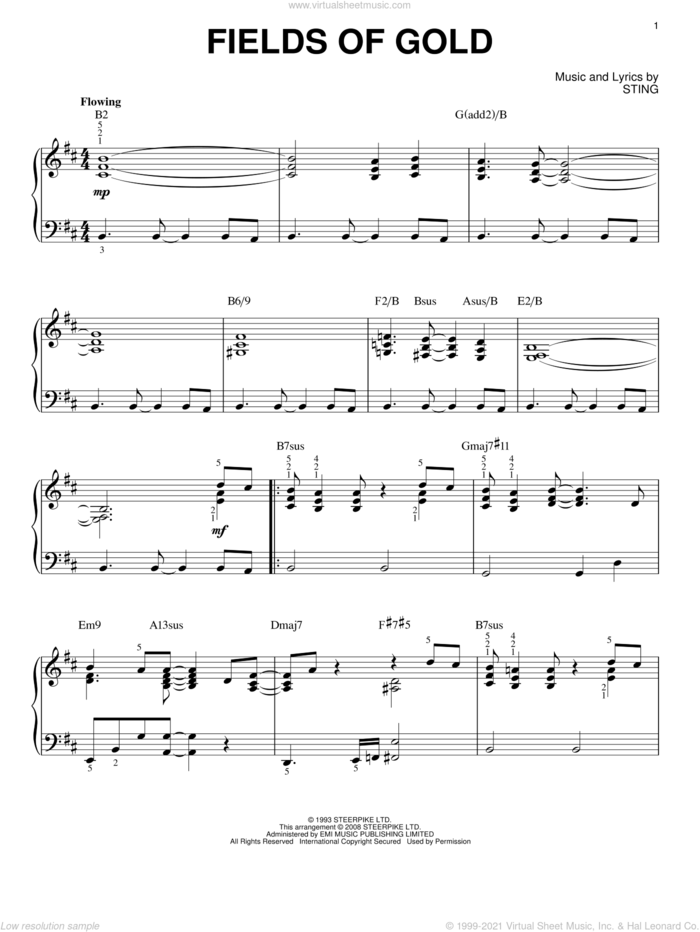 Fields Of Gold [Jazz version] (arr. Brent Edstrom) sheet music for piano solo by Sting, intermediate skill level