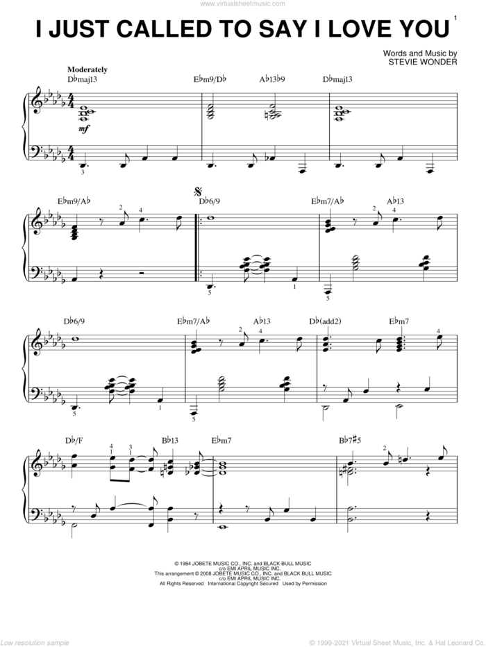 I Just Called To Say I Love You [Jazz version] (arr. Brent Edstrom) sheet music for piano solo by Stevie Wonder, intermediate skill level