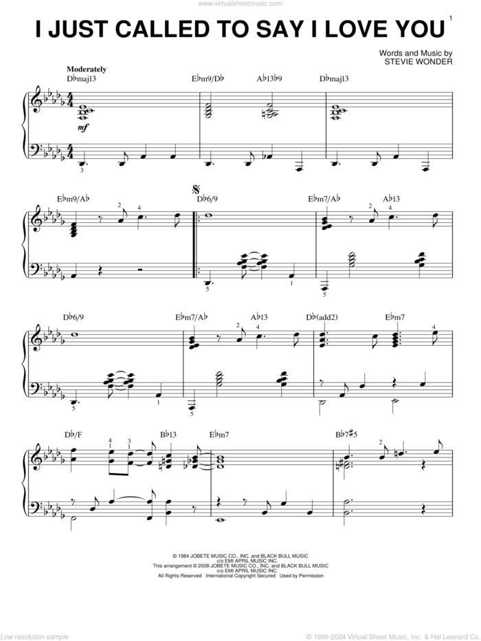 I Just Called To Say I Love You [Jazz version] (arr. Brent Edstrom) sheet music for piano solo by Stevie Wonder, intermediate skill level