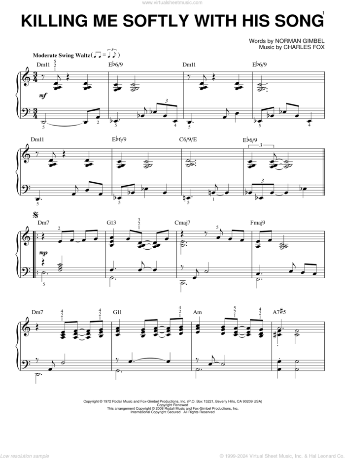 Killing Me Softly With His Song [Jazz version] (arr. Brent Edstrom) sheet music for piano solo by Roberta Flack, Charles Fox and Norman Gimbel, intermediate skill level