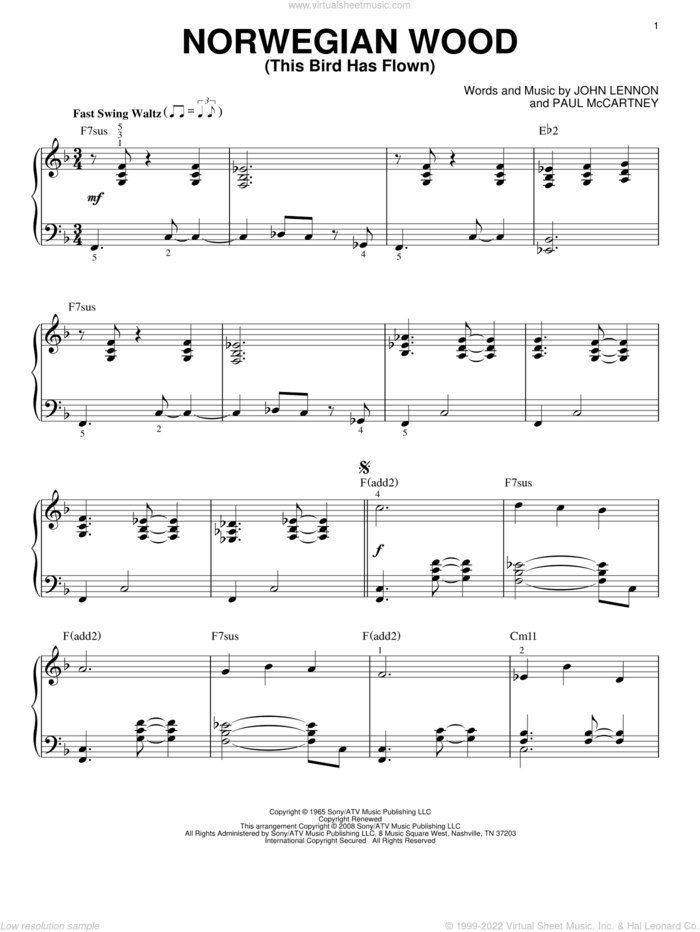 Norwegian Wood (This Bird Has Flown) [Jazz version] (arr. Brent Edstrom) sheet music for piano solo by The Beatles, John Lennon and Paul McCartney, intermediate skill level