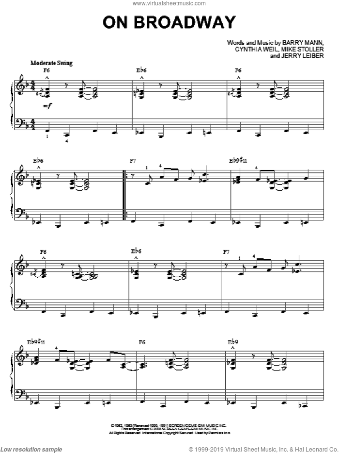 On Broadway [Jazz version] (arr. Brent Edstrom) sheet music for piano solo by The Drifters, George Benson, Barry Mann, Cynthia Weil, Jerry Leiber and Mike Stoller, intermediate skill level