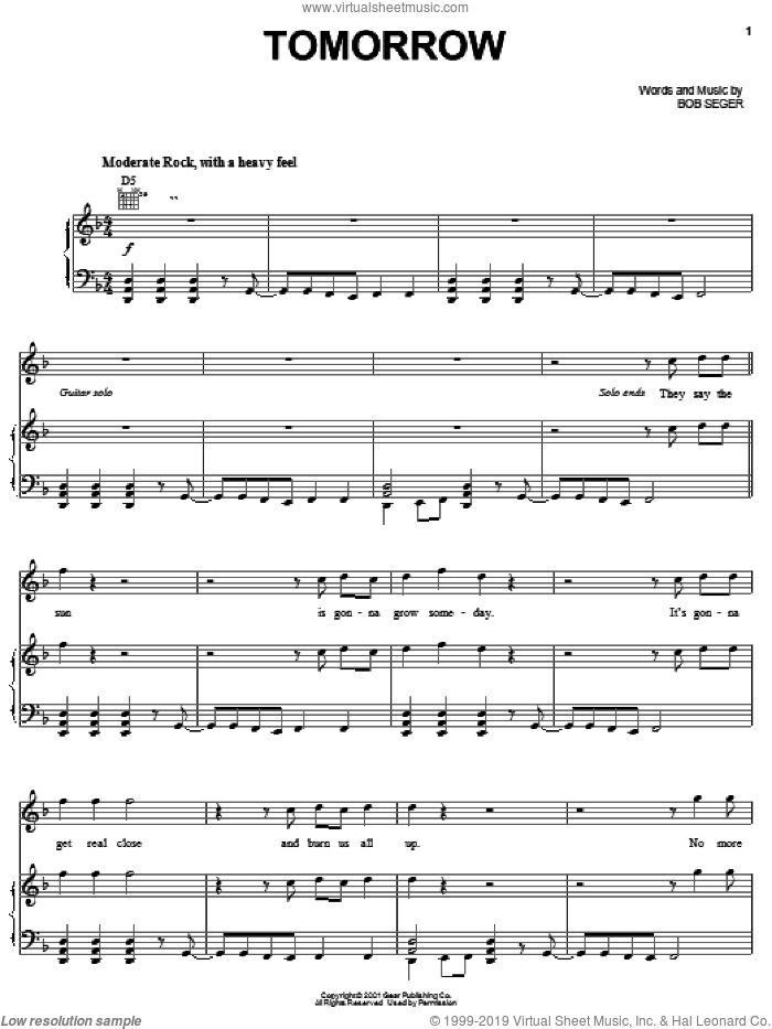 Tomorrow sheet music for voice, piano or guitar by Bob Seger, intermediate skill level