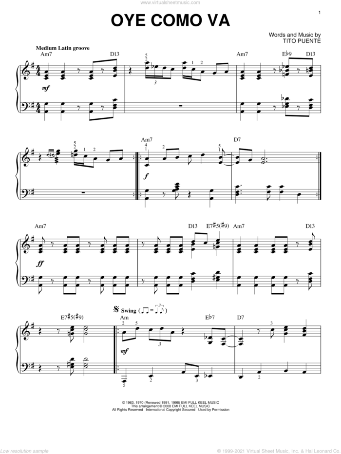 Oye Como Va [Jazz version] (arr. Brent Edstrom) sheet music for piano solo by Tito Puente and Carlos Santana, intermediate skill level