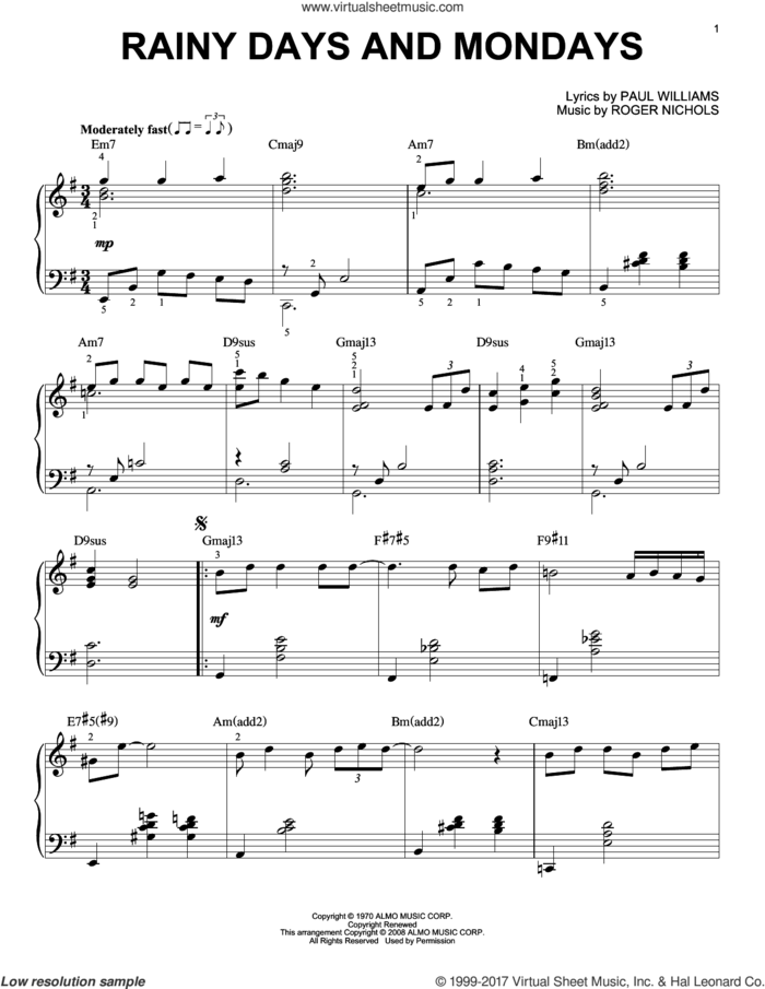 Rainy Days And Mondays [Jazz version] (arr. Brent Edstrom) sheet music for piano solo by Carpenters, Paul Williams and Roger Nichols, intermediate skill level