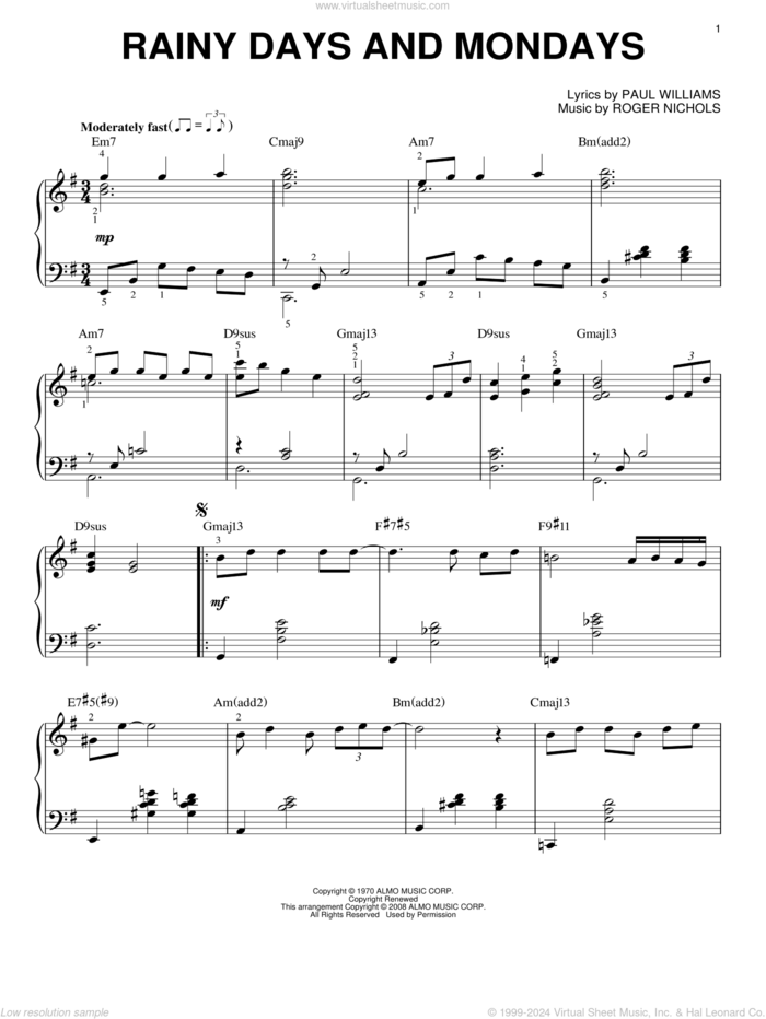 Rainy Days And Mondays [Jazz version] (arr. Brent Edstrom) sheet music for piano solo by Carpenters, Paul Williams and Roger Nichols, intermediate skill level