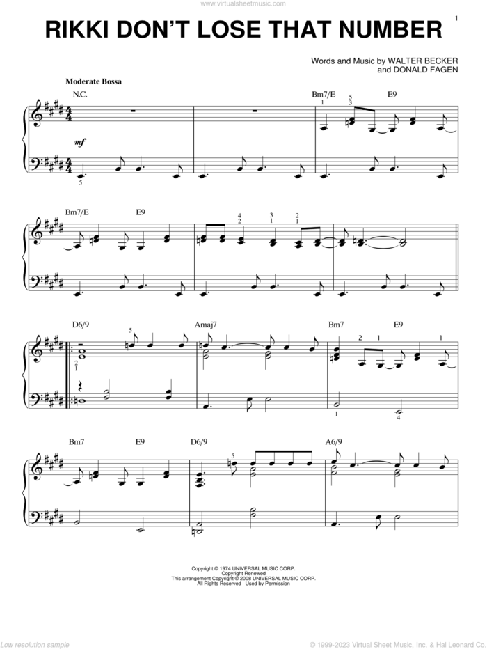 Rikki Don't Lose That Number [Jazz version] (arr. Brent Edstrom) sheet music for piano solo by Steely Dan, Donald Fagen and Walter Becker, intermediate skill level