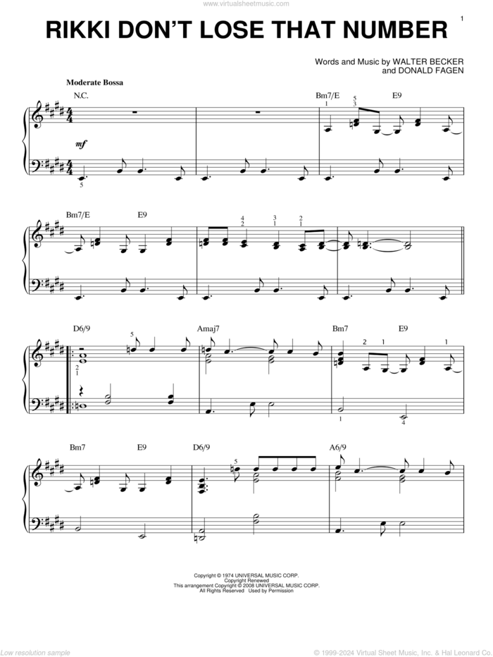 Rikki Don't Lose That Number [Jazz version] (arr. Brent Edstrom) sheet music for piano solo by Steely Dan, Donald Fagen and Walter Becker, intermediate skill level