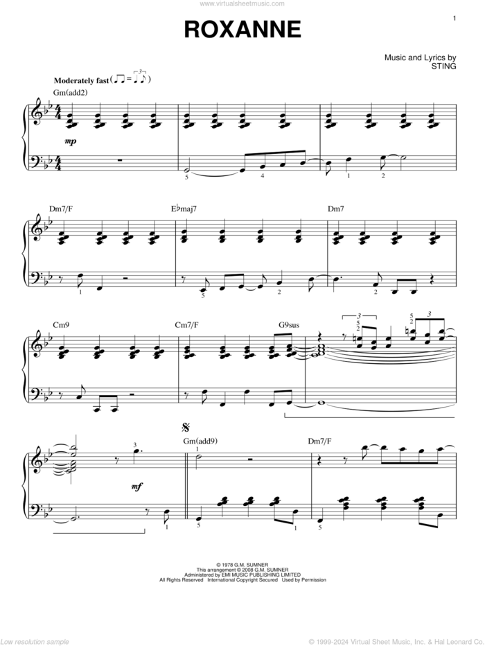 Roxanne [Jazz version] (arr. Brent Edstrom) sheet music for piano solo by The Police and Sting, intermediate skill level
