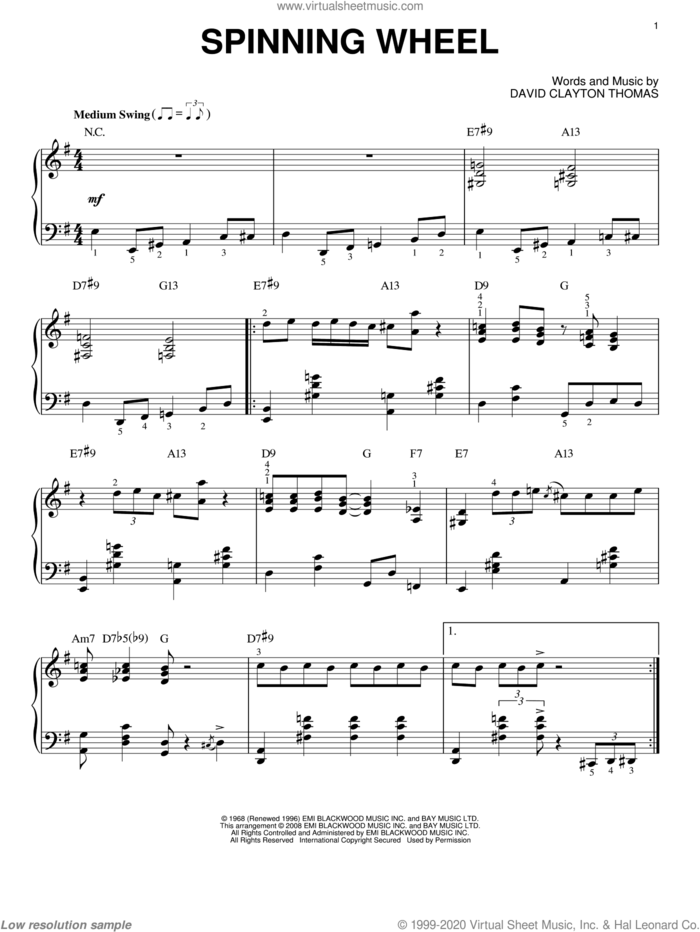 Spinning Wheel [Jazz version] (arr. Brent Edstrom) sheet music for piano solo by Blood, Sweat & Tears and David Clayton Thomas, intermediate skill level