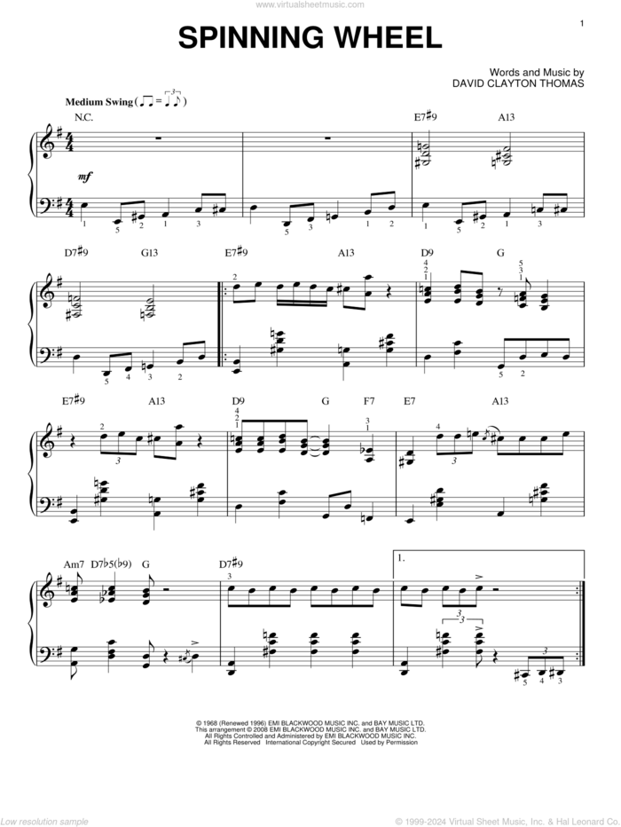 Spinning Wheel [Jazz version] (arr. Brent Edstrom) sheet music for piano solo by Blood, Sweat & Tears and David Clayton Thomas, intermediate skill level