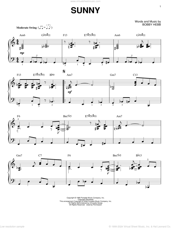 Sunny [Jazz version] (arr. Brent Edstrom) sheet music for piano solo by Bobby Hebb, intermediate skill level