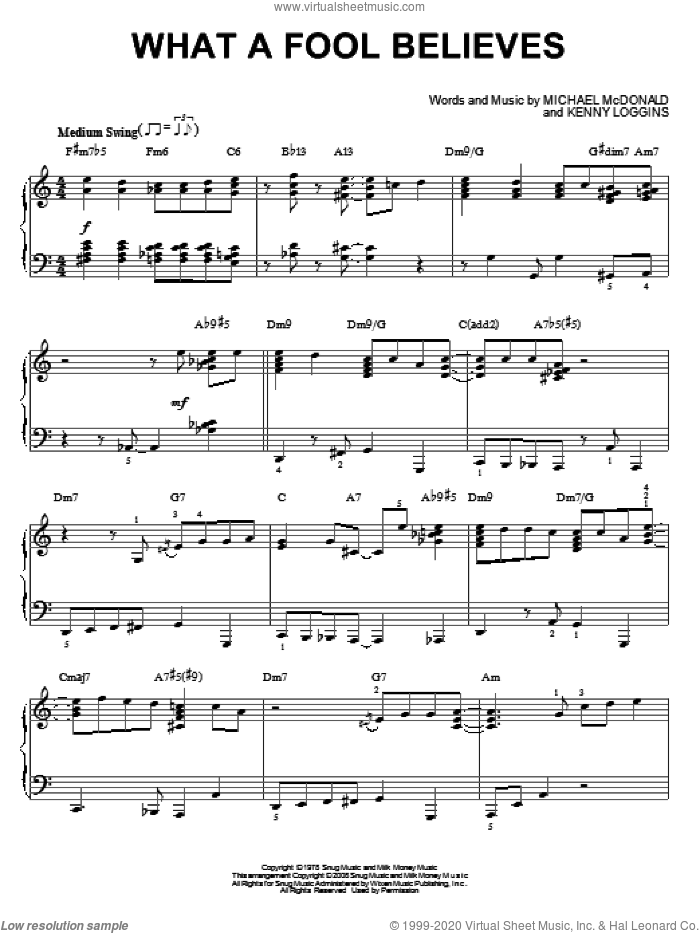 What A Fool Believes [Jazz version] (arr. Brent Edstrom) sheet music for piano solo by The Doobie Brothers, Kenny Loggins and Michael McDonald, intermediate skill level