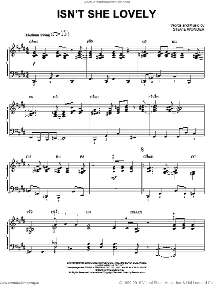 Isn't She Lovely [Jazz version] (arr. Brent Edstrom) sheet music for piano solo by Stevie Wonder, intermediate skill level