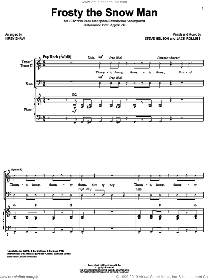 Frosty The Snow Man sheet music for choir (TTB: tenor, bass) by Steve Nelson, Jack Rollins and Kirby Shaw, intermediate skill level