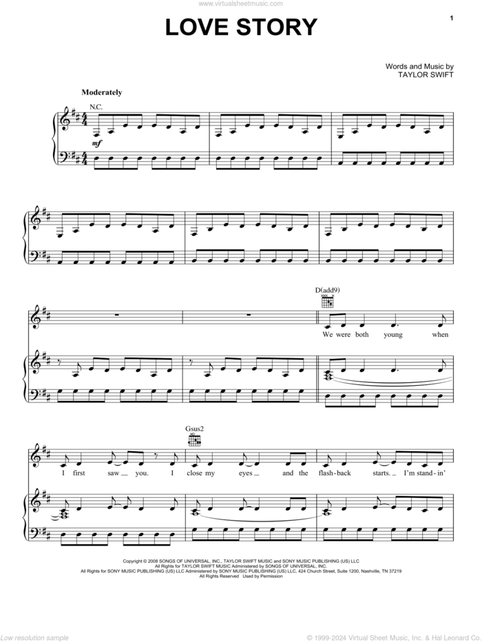 Love Story sheet music for voice, piano or guitar by Taylor Swift, intermediate skill level