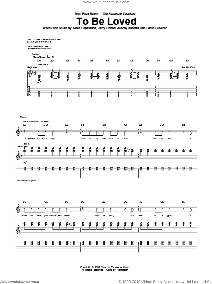 To Be Loved sheet music for guitar (tablature) by Papa Roach, David Buckner, Jacoby Shaddix, Jerry Horton and Tobin Esperance, intermediate skill level