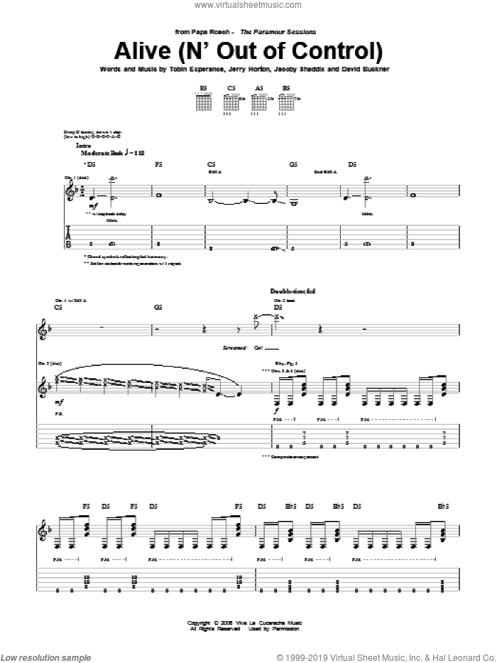 Alive (N' Out Of Control) sheet music for guitar (tablature) by Papa Roach, David Buckner, Jacoby Shaddix, Jerry Horton and Tobin Esperance, intermediate skill level