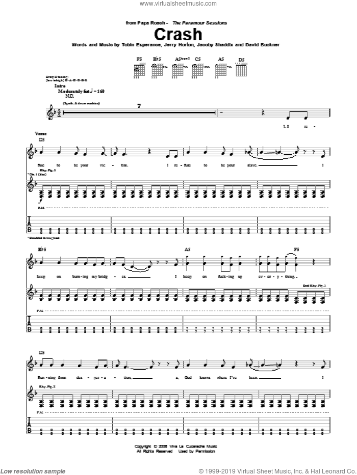 Crash sheet music for guitar (tablature) by Papa Roach, David Buckner, Jacoby Shaddix, Jerry Horton and Tobin Esperance, intermediate skill level