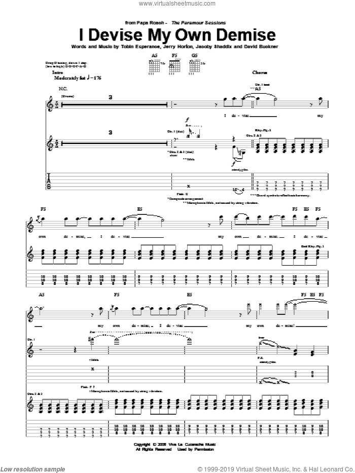 I Devise My Own Demise sheet music for guitar (tablature) by Papa Roach, David Buckner, Jacoby Shaddix, Jerry Horton and Tobin Esperance, intermediate skill level