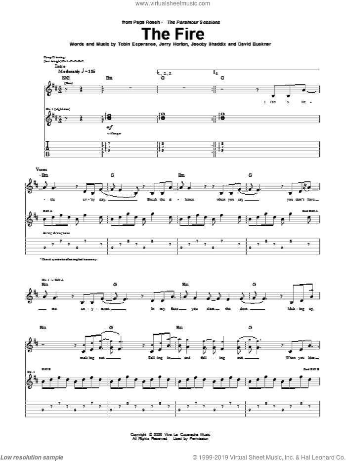 The Fire sheet music for guitar (tablature) by Papa Roach, David Buckner, Jacoby Shaddix, Jerry Horton and Tobin Esperance, intermediate skill level