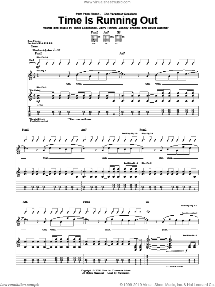 Time Is Running Out sheet music for guitar (tablature) by Papa Roach, David Buckner, Jacoby Shaddix, Jerry Horton and Tobin Esperance, intermediate skill level