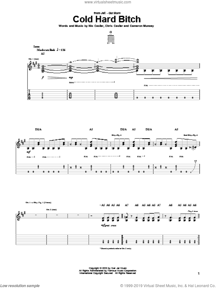 Cold Hard Bitch sheet music for guitar (tablature) by Nic Cester, Cameron Muncey and Chris Cester, intermediate skill level