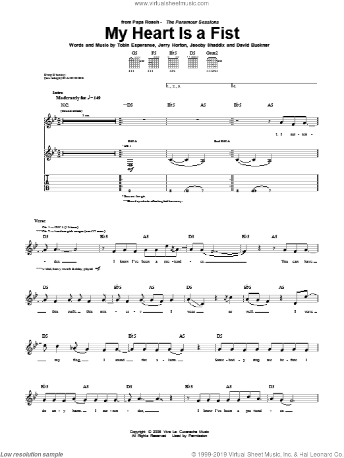 My Heart Is A Fist sheet music for guitar (tablature) by Papa Roach, David Buckner, Jacoby Shaddix, Jerry Horton and Tobin Esperance, intermediate skill level