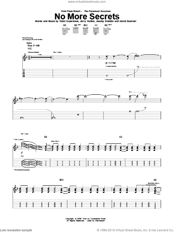 No More Secrets sheet music for guitar (tablature) by Papa Roach, David Buckner, Jacoby Shaddix, Jerry Horton and Tobin Esperance, intermediate skill level
